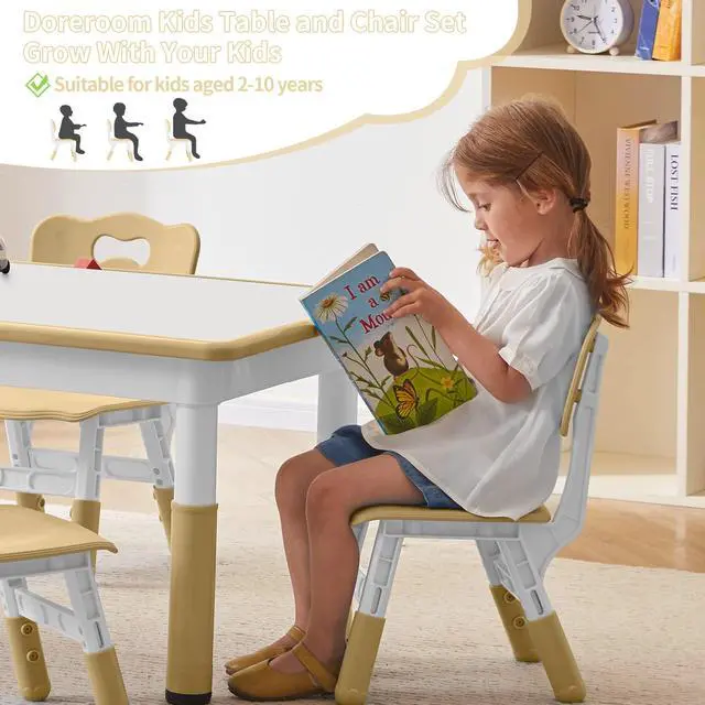 Alt view image 6 of 6 - Toddler Table and Chairs Set for 4, 47.2''L x 23.6''W Kids Study Table and Chair Set, Height-Adjustable, Graffiti Desktop, Children Activity Table for Daycare, Classroom, Home