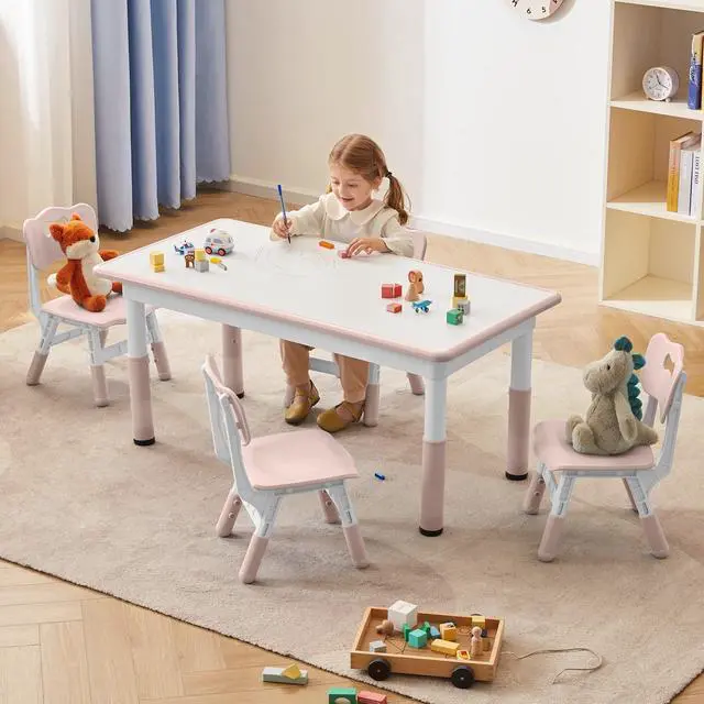 Main image of Toddler Table and Chairs Set for 4, 47.2''L x 23.6''W Kids Study Table and Chair Set, Height-Adjustable, Graffiti Desktop, Children Activity Table for Daycare, Classroom, Home