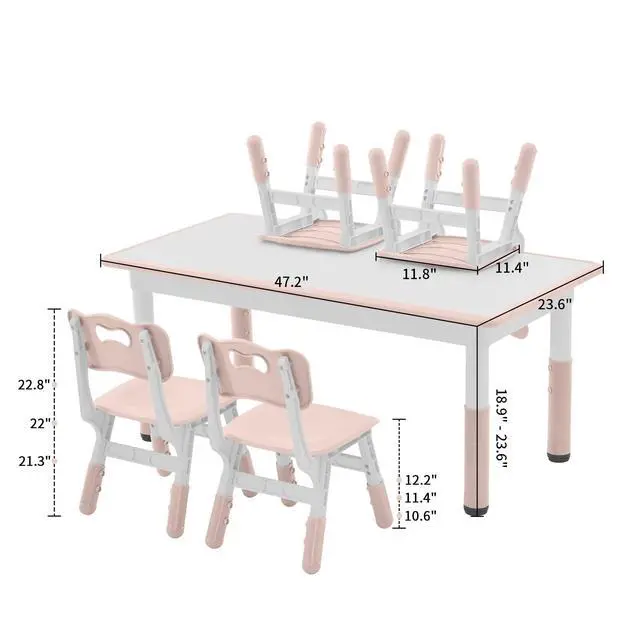 Alt view image 2 of 6 - Toddler Table and Chairs Set for 4, 47.2''L x 23.6''W Kids Study Table and Chair Set, Height-Adjustable, Graffiti Desktop, Children Activity Table for Daycare, Classroom, Home