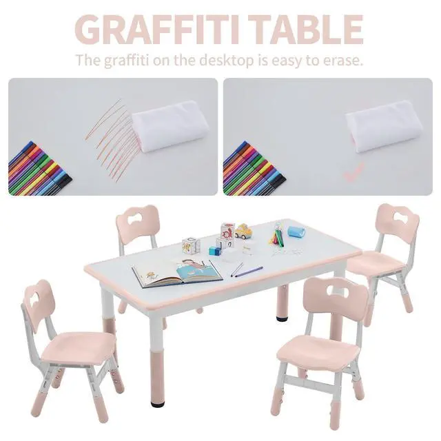 Alt view image 4 of 6 - Toddler Table and Chairs Set for 4, 47.2''L x 23.6''W Kids Study Table and Chair Set, Height-Adjustable, Graffiti Desktop, Children Activity Table for Daycare, Classroom, Home