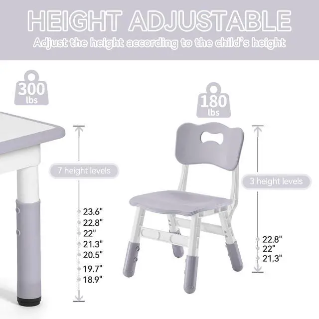 Alt view image 2 of 6 - Toddler Table and Chairs Set for 4, 47.2''L x 23.6''W Kids Study Table and Chair Set, Height-Adjustable, Graffiti Desktop, Children Activity Table for Daycare, Classroom, Home