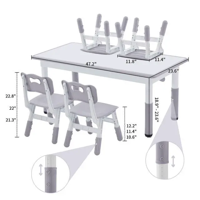 Alt view image 3 of 6 - Toddler Table and Chairs Set for 4, 47.2''L x 23.6''W Kids Study Table and Chair Set, Height-Adjustable, Graffiti Desktop, Children Activity Table for Daycare, Classroom, Home