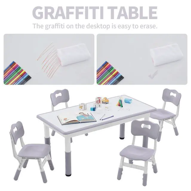 Alt view image 4 of 6 - Toddler Table and Chairs Set for 4, 47.2''L x 23.6''W Kids Study Table and Chair Set, Height-Adjustable, Graffiti Desktop, Children Activity Table for Daycare, Classroom, Home