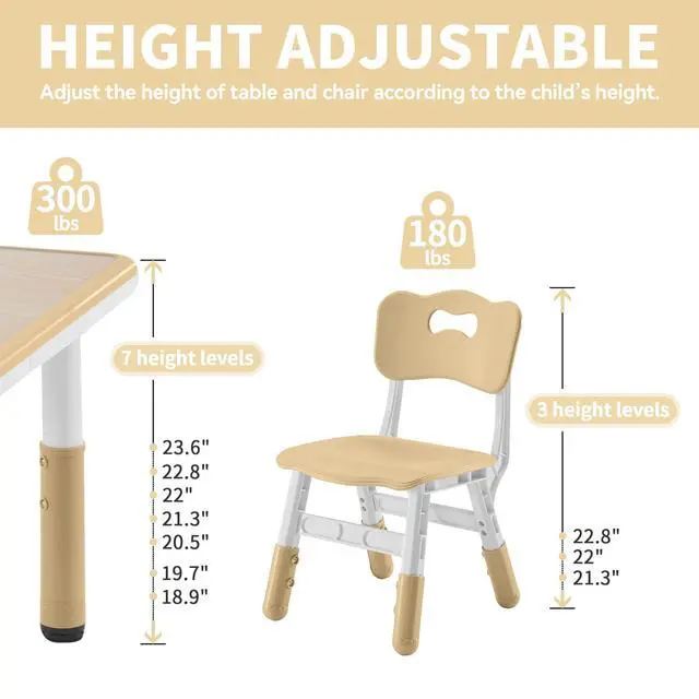 Alt view image 2 of 6 - Toddler Table and Chairs Set for 4, 47.2''L x 23.6''W Kids Study Table and Chair Set, Height-Adjustable, Graffiti Desktop, Children Activity Table for Daycare, Classroom, Home