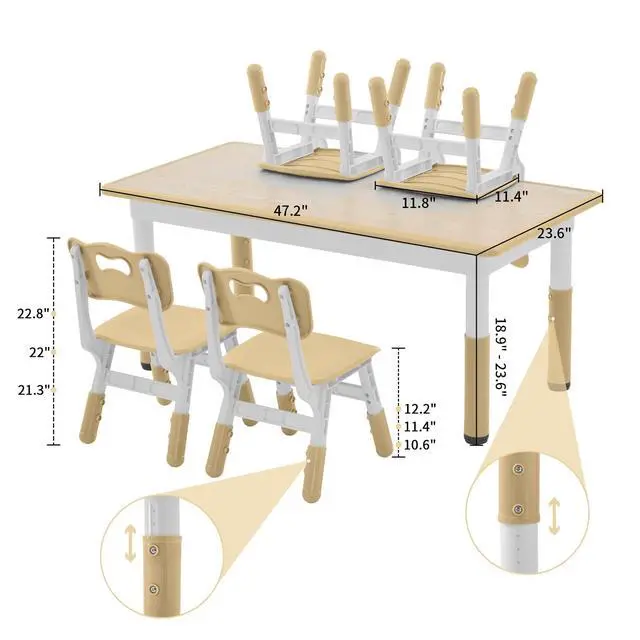Alt view image 3 of 6 - Toddler Table and Chairs Set for 4, 47.2''L x 23.6''W Kids Study Table and Chair Set, Height-Adjustable, Graffiti Desktop, Children Activity Table for Daycare, Classroom, Home