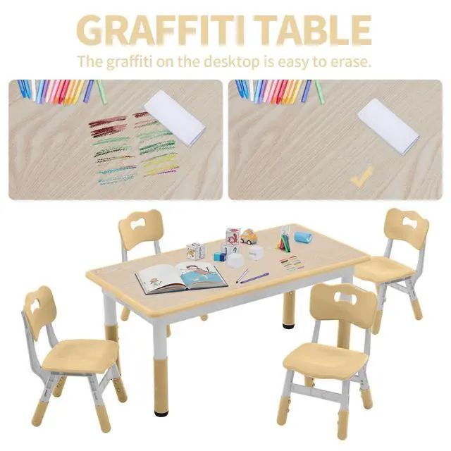 Alt view image 4 of 6 - Toddler Table and Chairs Set for 4, 47.2''L x 23.6''W Kids Study Table and Chair Set, Height-Adjustable, Graffiti Desktop, Children Activity Table for Daycare, Classroom, Home