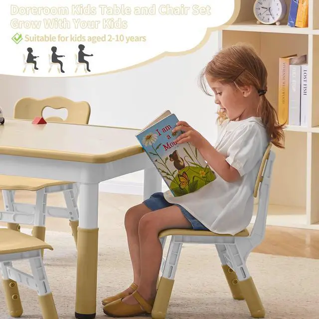 Alt view image 6 of 6 - Toddler Table and Chairs Set for 4, 47.2''L x 23.6''W Kids Study Table and Chair Set, Height-Adjustable, Graffiti Desktop, Children Activity Table for Daycare, Classroom, Home