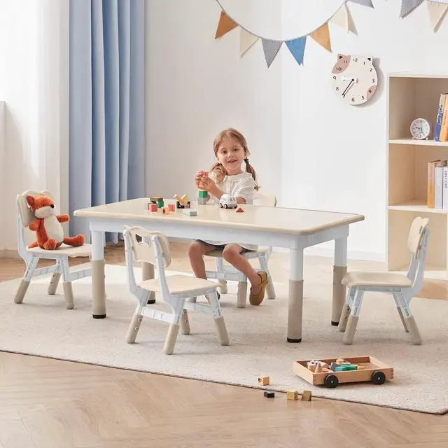 Main image of Toddler Table and Chairs Set for 4, 47.2''L x 23.6''W Kids Study Table and Chair Set, Height-Adjustable, Graffiti Desktop, Children Activity Table for Daycare, Classroom, Home
