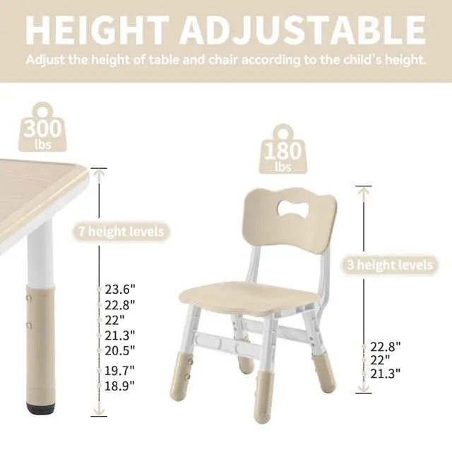 Alt view image 2 of 6 - Toddler Table and Chairs Set for 4, 47.2''L x 23.6''W Kids Study Table and Chair Set, Height-Adjustable, Graffiti Desktop, Children Activity Table for Daycare, Classroom, Home
