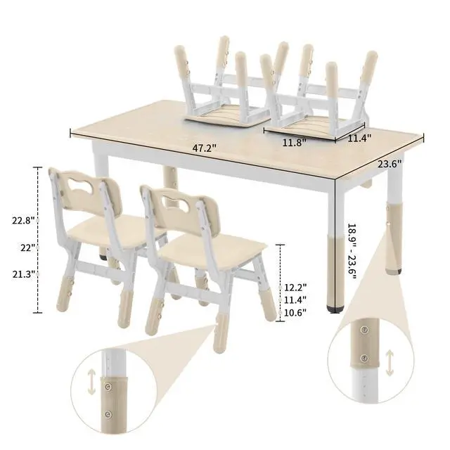 Alt view image 3 of 6 - Toddler Table and Chairs Set for 4, 47.2''L x 23.6''W Kids Study Table and Chair Set, Height-Adjustable, Graffiti Desktop, Children Activity Table for Daycare, Classroom, Home