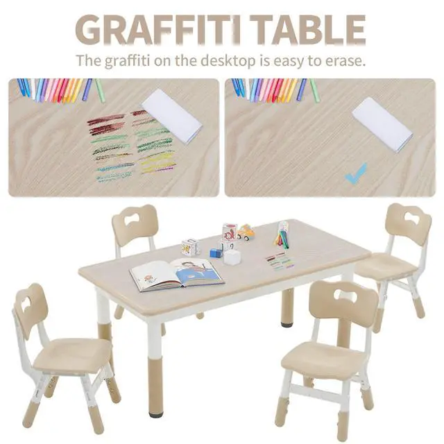 Alt view image 4 of 6 - Toddler Table and Chairs Set for 4, 47.2''L x 23.6''W Kids Study Table and Chair Set, Height-Adjustable, Graffiti Desktop, Children Activity Table for Daycare, Classroom, Home