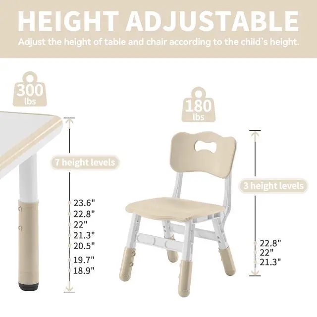 Alt view image 2 of 6 - Toddler Table and Chairs Set for 4, 47.2''L x 23.6''W Kids Study Table and Chair Set, Height-Adjustable, Graffiti Desktop, Children Activity Table for Daycare, Classroom, Home