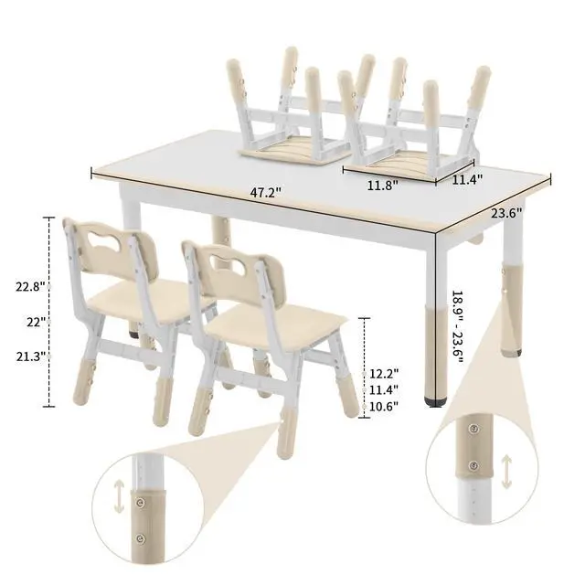 Alt view image 3 of 6 - Toddler Table and Chairs Set for 4, 47.2''L x 23.6''W Kids Study Table and Chair Set, Height-Adjustable, Graffiti Desktop, Children Activity Table for Daycare, Classroom, Home