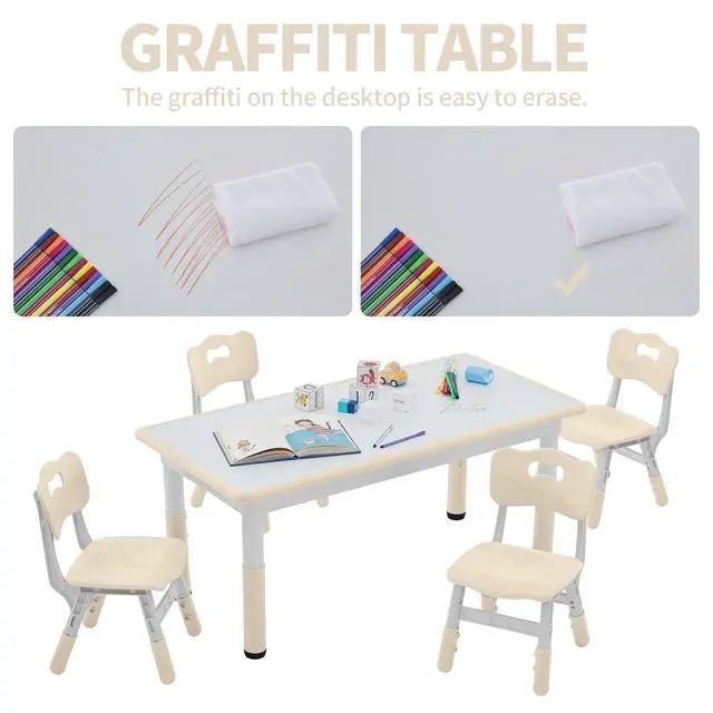 Alt view image 4 of 6 - Toddler Table and Chairs Set for 4, 47.2''L x 23.6''W Kids Study Table and Chair Set, Height-Adjustable, Graffiti Desktop, Children Activity Table for Daycare, Classroom, Home