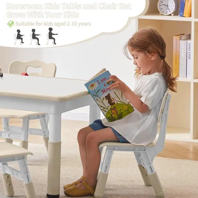 Alt view image 6 of 6 - Toddler Table and Chairs Set for 4, 47.2''L x 23.6''W Kids Study Table and Chair Set, Height-Adjustable, Graffiti Desktop, Children Activity Table for Daycare, Classroom, Home