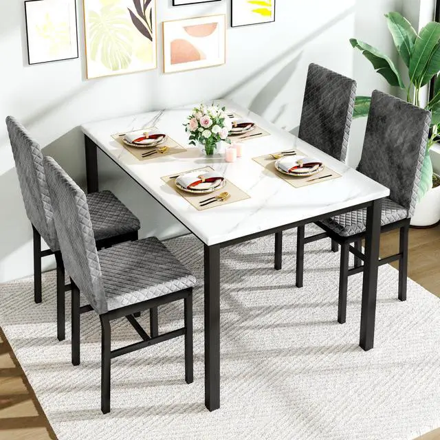 Alt view image 2 of 6 - Kitchen Table Set 5 Piece Dining Room Table Set Marble Dining Table 4 Chair Dining Table Set for Kitchen Living Room Breakfast Small Spaces (Grey)