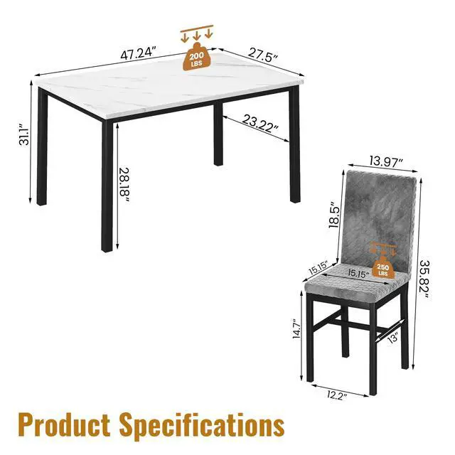Alt view image 3 of 6 - Kitchen Table Set 5 Piece Dining Room Table Set Marble Dining Table 4 Chair Dining Table Set for Kitchen Living Room Breakfast Small Spaces (Grey)