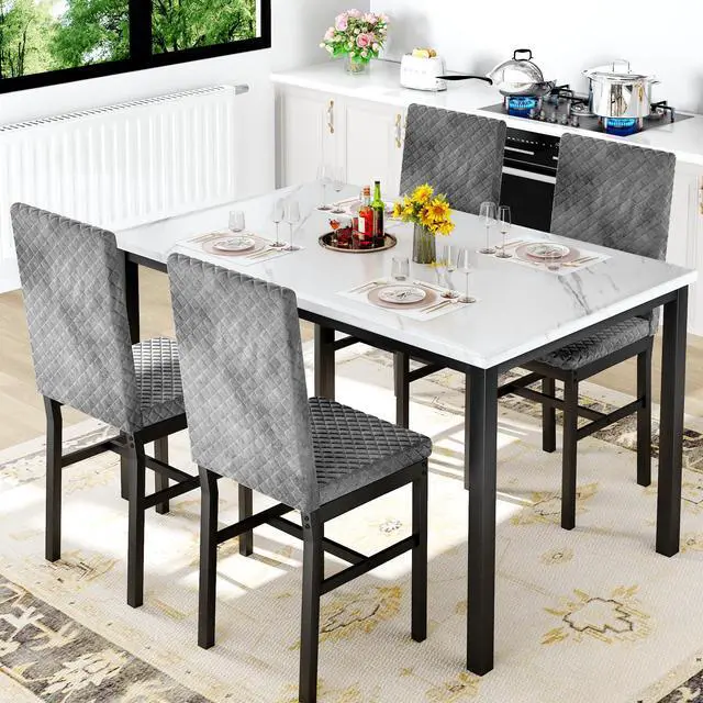 Alt view image 4 of 6 - Kitchen Table Set 5 Piece Dining Room Table Set Marble Dining Table 4 Chair Dining Table Set for Kitchen Living Room Breakfast Small Spaces (Grey)