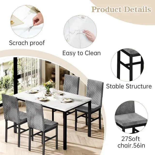 Alt view image 5 of 6 - Kitchen Table Set 5 Piece Dining Room Table Set Marble Dining Table 4 Chair Dining Table Set for Kitchen Living Room Breakfast Small Spaces (Grey)