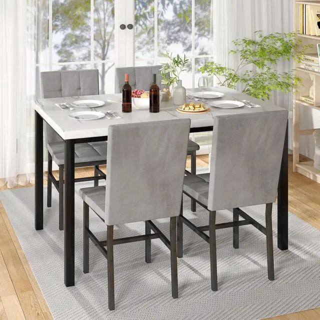 Alt view image 2 of 6 - Dining Room Table Set 5 Piece Dining Table Set Marble Dining Table 4 Chair Dining Table Set for Kitchen Living Room Breakfast Small Spaces (White & Grey)