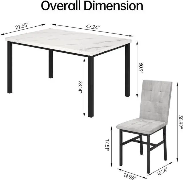 Alt view image 3 of 6 - Dining Room Table Set 5 Piece Dining Table Set Marble Dining Table 4 Chair Dining Table Set for Kitchen Living Room Breakfast Small Spaces (White & Grey)