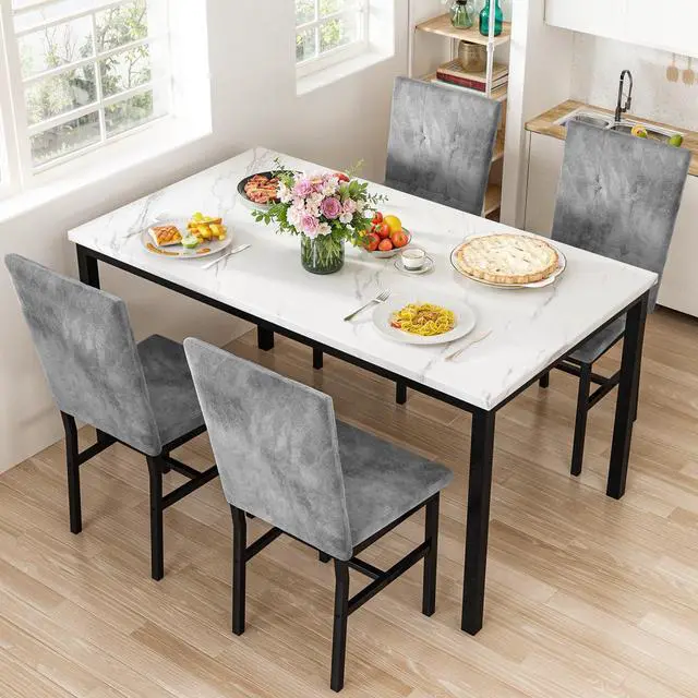 Alt view image 4 of 6 - Dining Room Table Set 5 Piece Dining Table Set Marble Dining Table 4 Chair Dining Table Set for Kitchen Living Room Breakfast Small Spaces (White & Grey)