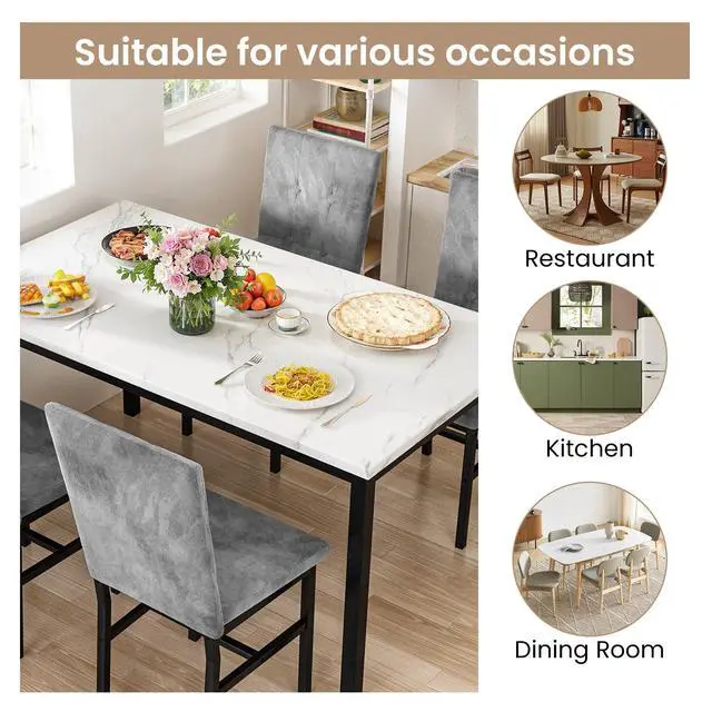 Alt view image 5 of 6 - Dining Room Table Set 5 Piece Dining Table Set Marble Dining Table 4 Chair Dining Table Set for Kitchen Living Room Breakfast Small Spaces (White & Grey)