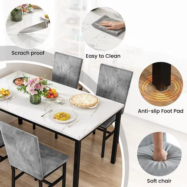 Alt view image 6 of 6 - Dining Room Table Set 5 Piece Dining Table Set Marble Dining Table 4 Chair Dining Table Set for Kitchen Living Room Breakfast Small Spaces (White & Grey)