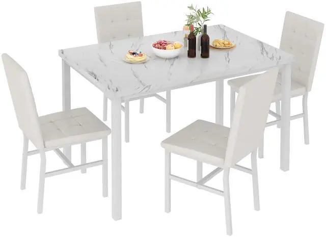 Main image of Dining Room Table Set 5 Piece Dining Table Set Marble Dining Table 4 Chair Dining Table Set for Kitchen Living Room Breakfast Small Spaces (White)