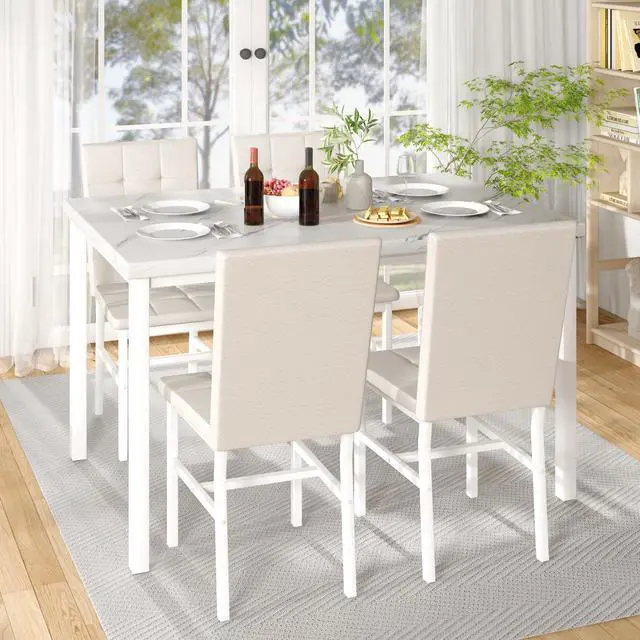 Alt view image 2 of 6 - Dining Room Table Set 5 Piece Dining Table Set Marble Dining Table 4 Chair Dining Table Set for Kitchen Living Room Breakfast Small Spaces (White)