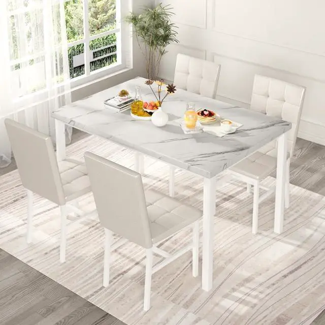 Alt view image 3 of 6 - Dining Room Table Set 5 Piece Dining Table Set Marble Dining Table 4 Chair Dining Table Set for Kitchen Living Room Breakfast Small Spaces (White)