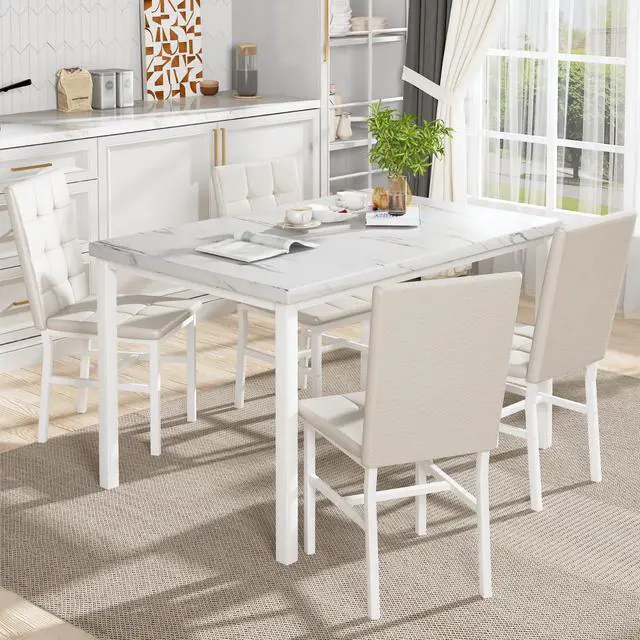 Alt view image 4 of 6 - Dining Room Table Set 5 Piece Dining Table Set Marble Dining Table 4 Chair Dining Table Set for Kitchen Living Room Breakfast Small Spaces (White)