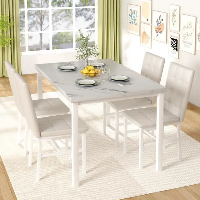 Alt view image 5 of 6 - Dining Room Table Set 5 Piece Dining Table Set Marble Dining Table 4 Chair Dining Table Set for Kitchen Living Room Breakfast Small Spaces (White)