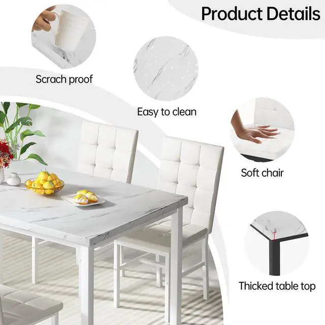 Alt view image 6 of 6 - Dining Room Table Set 5 Piece Dining Table Set Marble Dining Table 4 Chair Dining Table Set for Kitchen Living Room Breakfast Small Spaces (White)