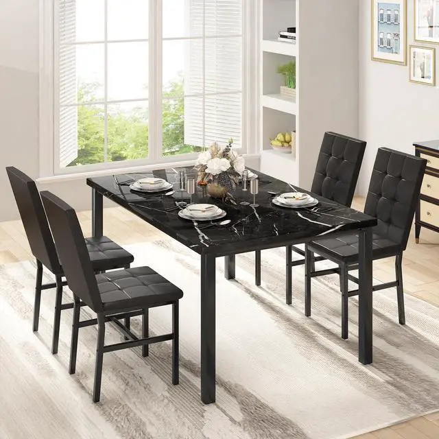 Alt view image 2 of 6 - Kitchen Table Set 5 Piece Dining Room Table Set Marble Dining Table 4 Chair Dining Table Set for Kitchen Living Room Breakfast Small Spaces (Black)