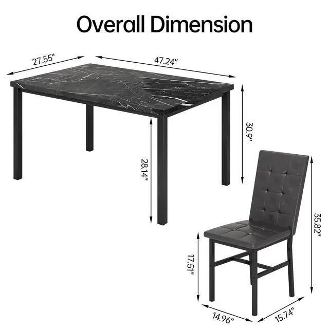 Alt view image 3 of 6 - Kitchen Table Set 5 Piece Dining Room Table Set Marble Dining Table 4 Chair Dining Table Set for Kitchen Living Room Breakfast Small Spaces (Black)