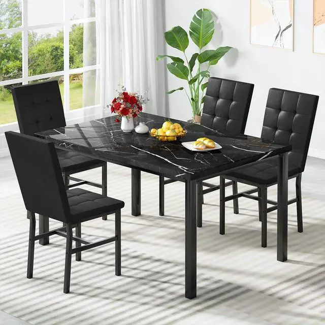 Alt view image 4 of 6 - Kitchen Table Set 5 Piece Dining Room Table Set Marble Dining Table 4 Chair Dining Table Set for Kitchen Living Room Breakfast Small Spaces (Black)
