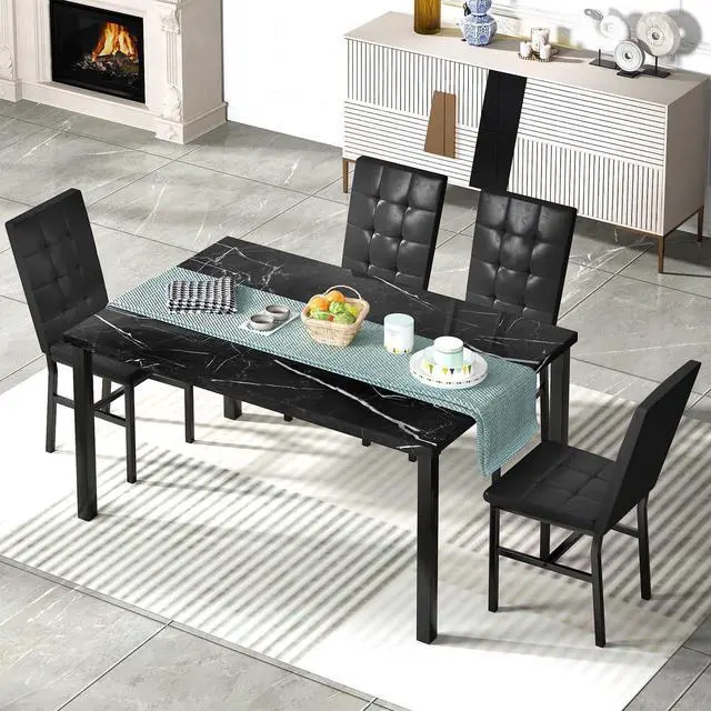 Alt view image 5 of 6 - Kitchen Table Set 5 Piece Dining Room Table Set Marble Dining Table 4 Chair Dining Table Set for Kitchen Living Room Breakfast Small Spaces (Black)