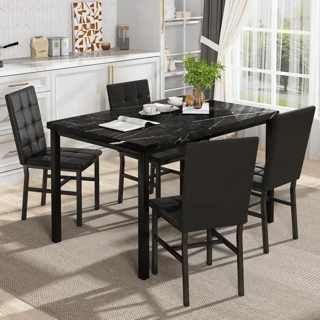 Alt view image 6 of 6 - Kitchen Table Set 5 Piece Dining Room Table Set Marble Dining Table 4 Chair Dining Table Set for Kitchen Living Room Breakfast Small Spaces (Black)