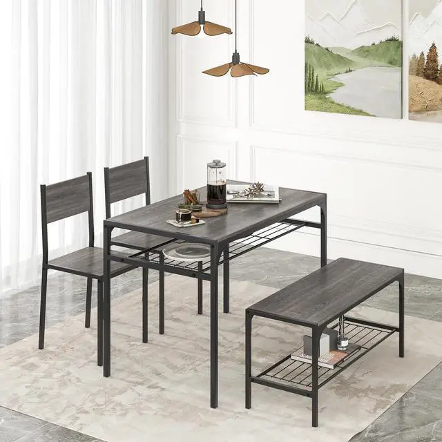 Alt view image 2 of 6 - Dining Table Set for 4, Kitchen Table with Chairs & Bench, Storage Racks, Metal Frame, 4-Piece Space-Saving Dinette Set for Dining Room, Breakfast Nook, Small Space, Apartment, Grey