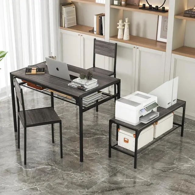 Alt view image 3 of 6 - Dining Table Set for 4, Kitchen Table with Chairs & Bench, Storage Racks, Metal Frame, 4-Piece Space-Saving Dinette Set for Dining Room, Breakfast Nook, Small Space, Apartment, Grey