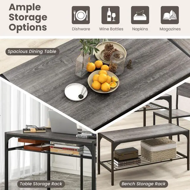 Alt view image 4 of 6 - Dining Table Set for 4, Kitchen Table with Chairs & Bench, Storage Racks, Metal Frame, 4-Piece Space-Saving Dinette Set for Dining Room, Breakfast Nook, Small Space, Apartment, Grey