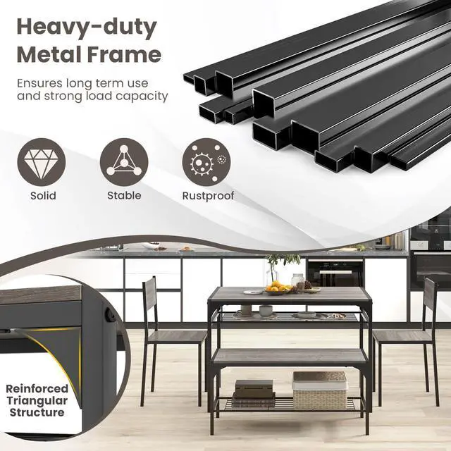 Alt view image 5 of 6 - Dining Table Set for 4, Kitchen Table with Chairs & Bench, Storage Racks, Metal Frame, 4-Piece Space-Saving Dinette Set for Dining Room, Breakfast Nook, Small Space, Apartment, Grey