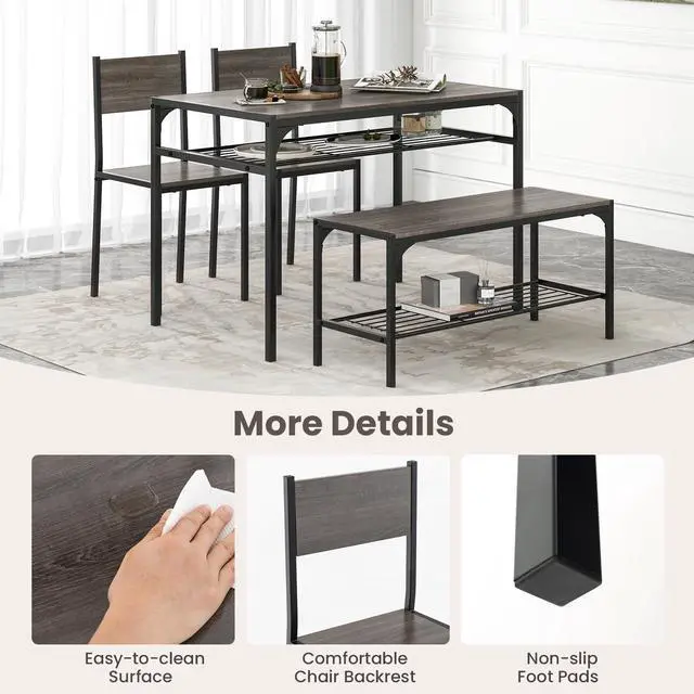 Alt view image 6 of 6 - Dining Table Set for 4, Kitchen Table with Chairs & Bench, Storage Racks, Metal Frame, 4-Piece Space-Saving Dinette Set for Dining Room, Breakfast Nook, Small Space, Apartment, Grey