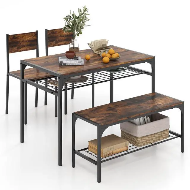 Main image of Dining Table Set for 4, Kitchen Table with Chairs & Bench, Storage Racks, Metal Frame, 4-Piece Space-Saving Dinette Set for Dining Room, Breakfast Nook, Small Space, Apartment,Rustic Brown