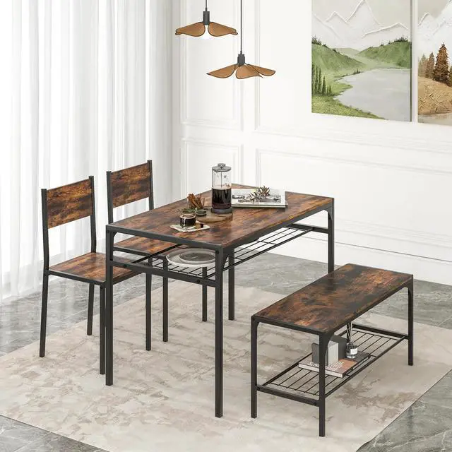 Alt view image 2 of 6 - Dining Table Set for 4, Kitchen Table with Chairs & Bench, Storage Racks, Metal Frame, 4-Piece Space-Saving Dinette Set for Dining Room, Breakfast Nook, Small Space, Apartment,Rustic Brown