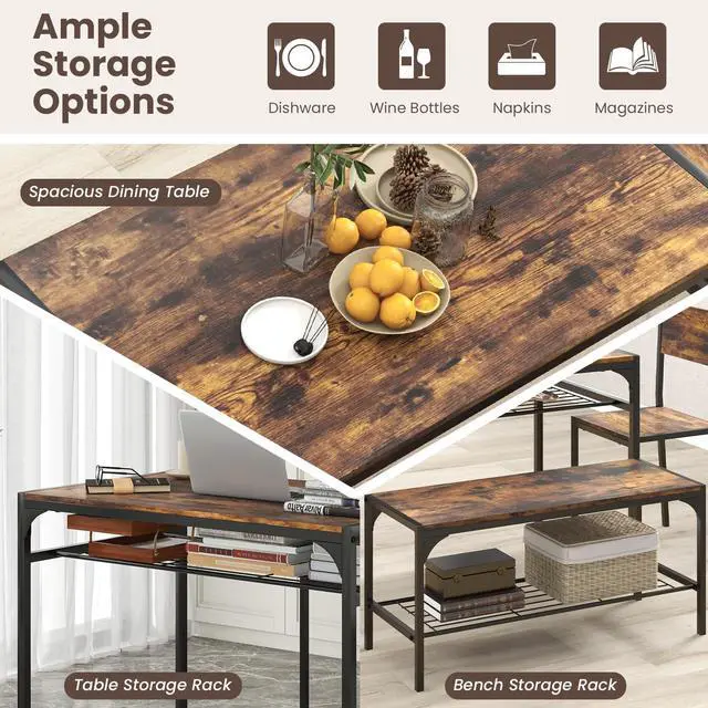 Alt view image 4 of 6 - Dining Table Set for 4, Kitchen Table with Chairs & Bench, Storage Racks, Metal Frame, 4-Piece Space-Saving Dinette Set for Dining Room, Breakfast Nook, Small Space, Apartment,Rustic Brown