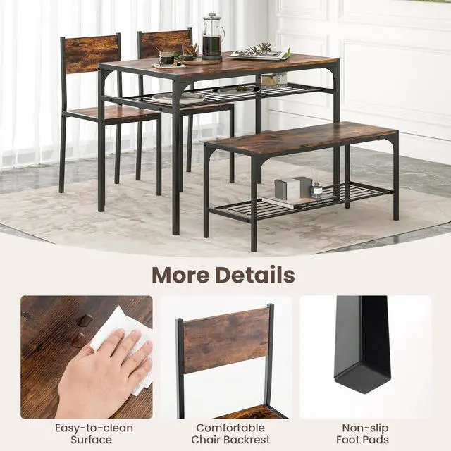 Alt view image 6 of 6 - Dining Table Set for 4, Kitchen Table with Chairs & Bench, Storage Racks, Metal Frame, 4-Piece Space-Saving Dinette Set for Dining Room, Breakfast Nook, Small Space, Apartment,Rustic Brown