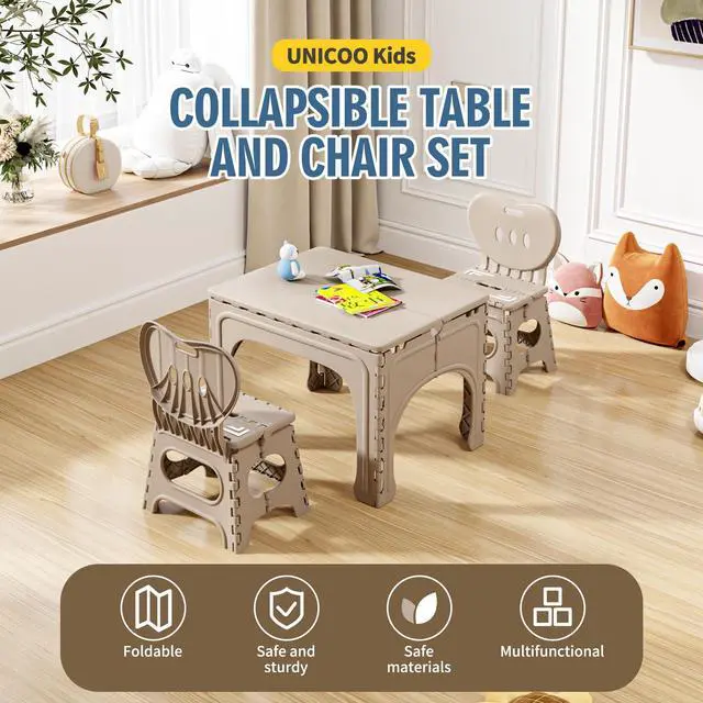 Alt view image 2 of 6 - ® Kids Folding Table and Chairs Set, Kids Table and Chairs Foldable, Foldable Activity Table, Portable Picnic Table, Ideal for Indoor and Outdoor Use, Durable and Easy to Store (599) (Khaki)