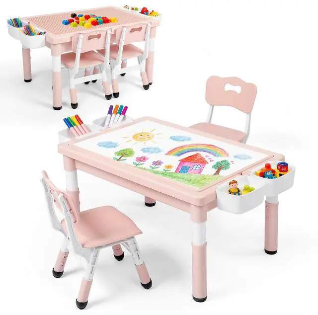 Main image of Kids Table & 2 Chairs Set, Height Adjustable Children Activity Table w/Storage, Graffiti & Building Blocks Tabletop, Toddler Furniture Set for Classroom, Daycare, Home, Age 3+, Pink